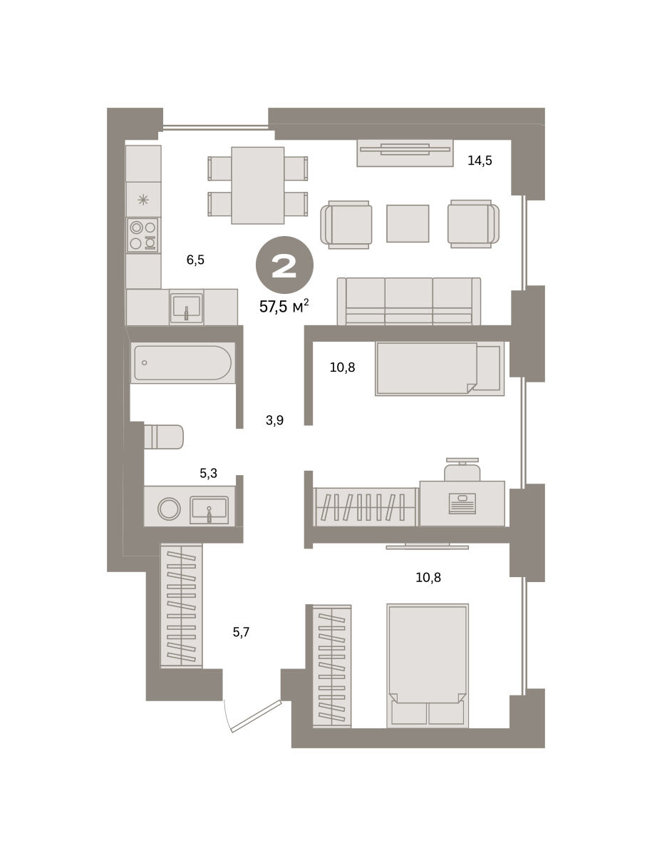 2-комнатная 57 м2 в ЖК Метроном корпус null этаж 15