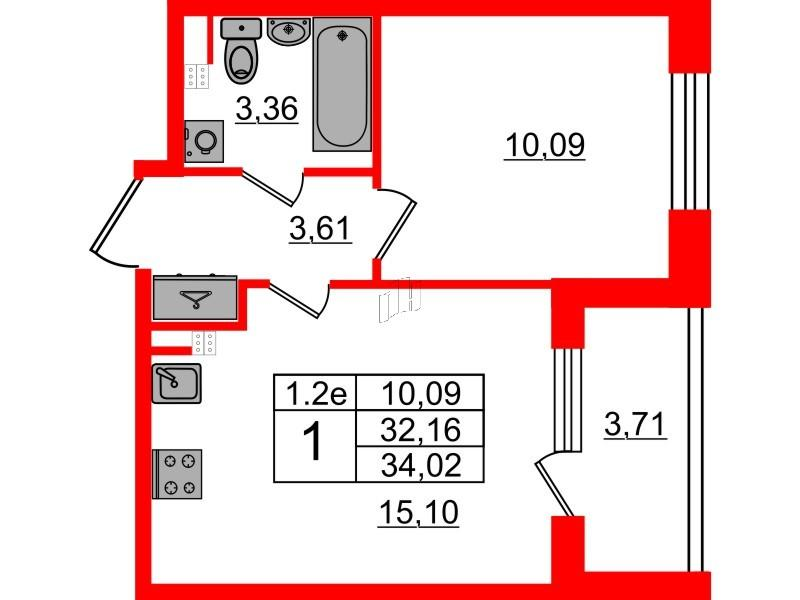 1-комнатная 32 м2 в ЖК Парадный ансамбль корпус null этаж 3