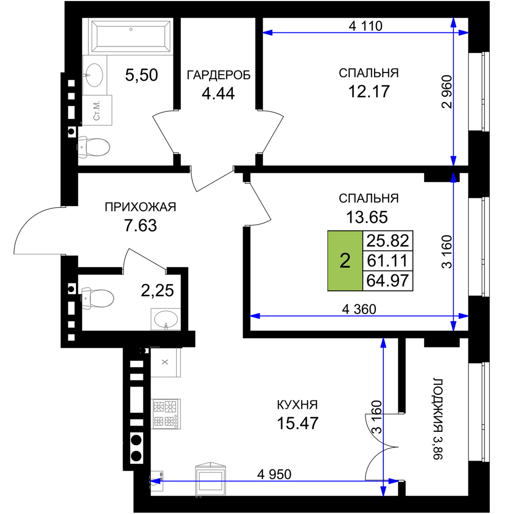 2-комнатная 64 м2 в ЖК Включи корпус null этаж 3