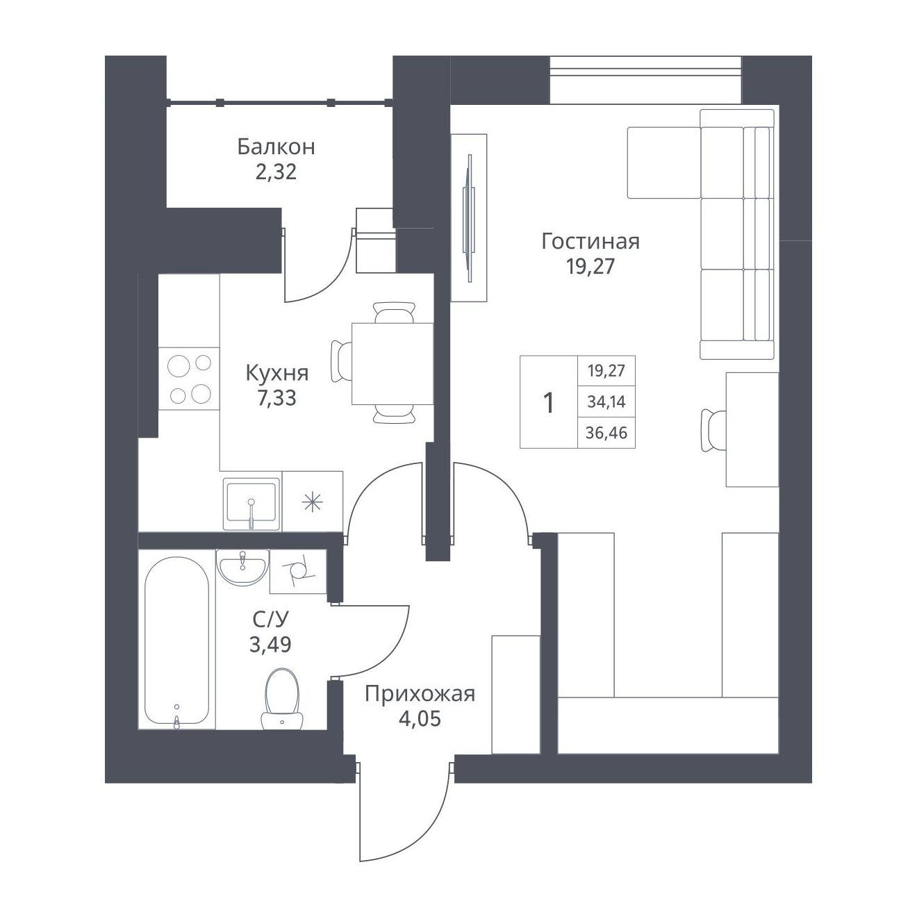 1-комнатная 36 м2 в ЖК АКТИВ корпус null этаж 7