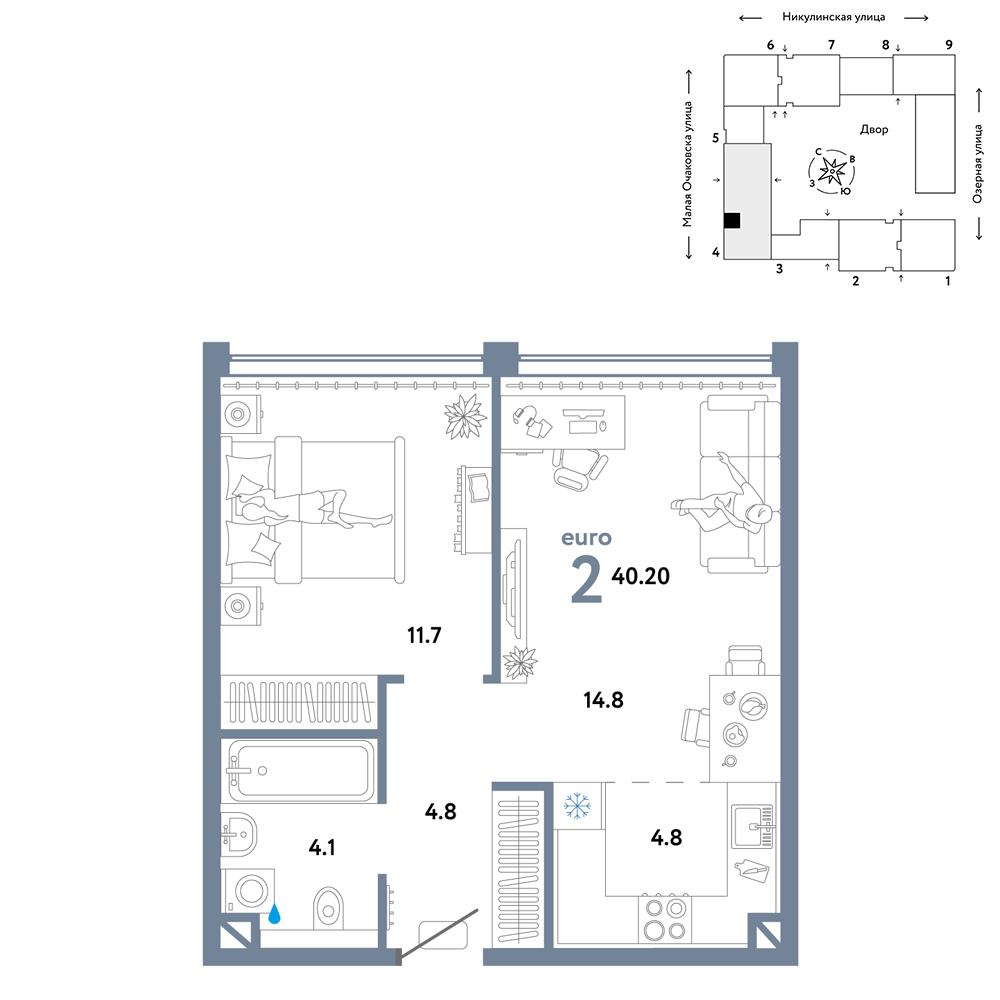 2-комнатная 40 м2 в ЖК Страна.Озёрная корпус null этаж 18
