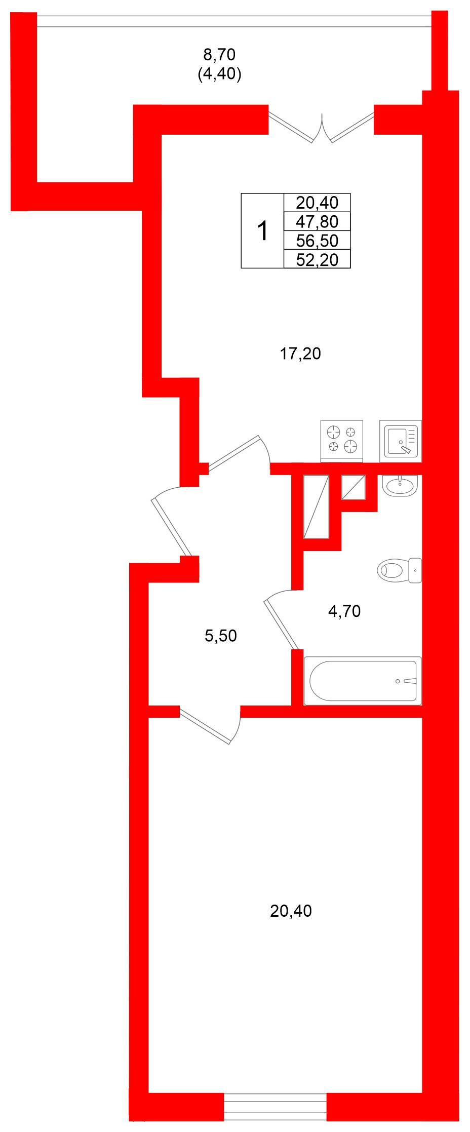 1-комнатная 52 м2 в ЖК Фридланд корпус null этаж 4