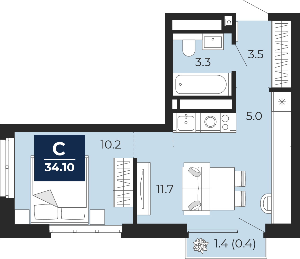 Студия 33 м2 в ЖК Мириады корпус null этаж 16