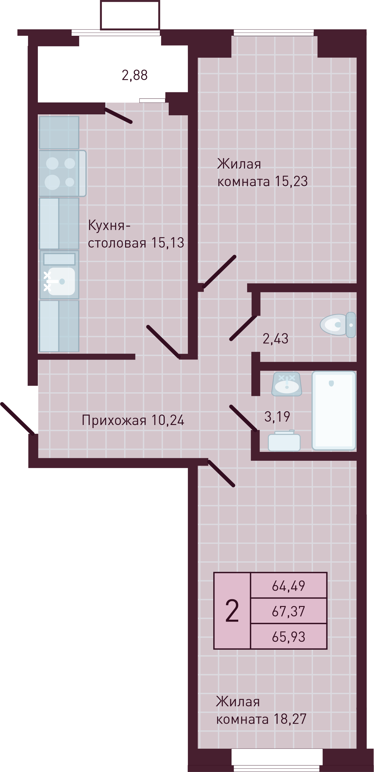 2-комнатная 65 м2 в ЖК Бетховен корпус null этаж 6