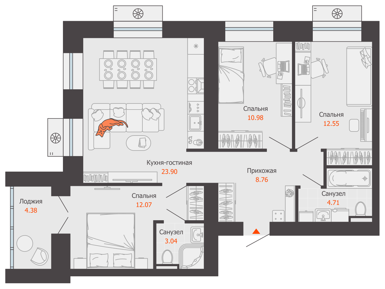 4-комнатная 78 м2 в ЖК Зарядное корпус null этаж 3