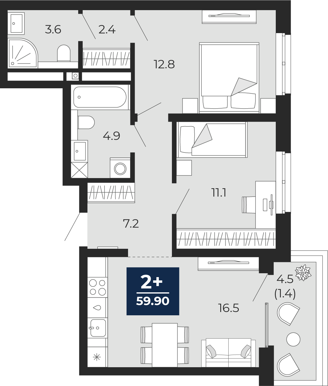 2-комнатная 58 м2 в ЖК Мириады корпус null этаж 12