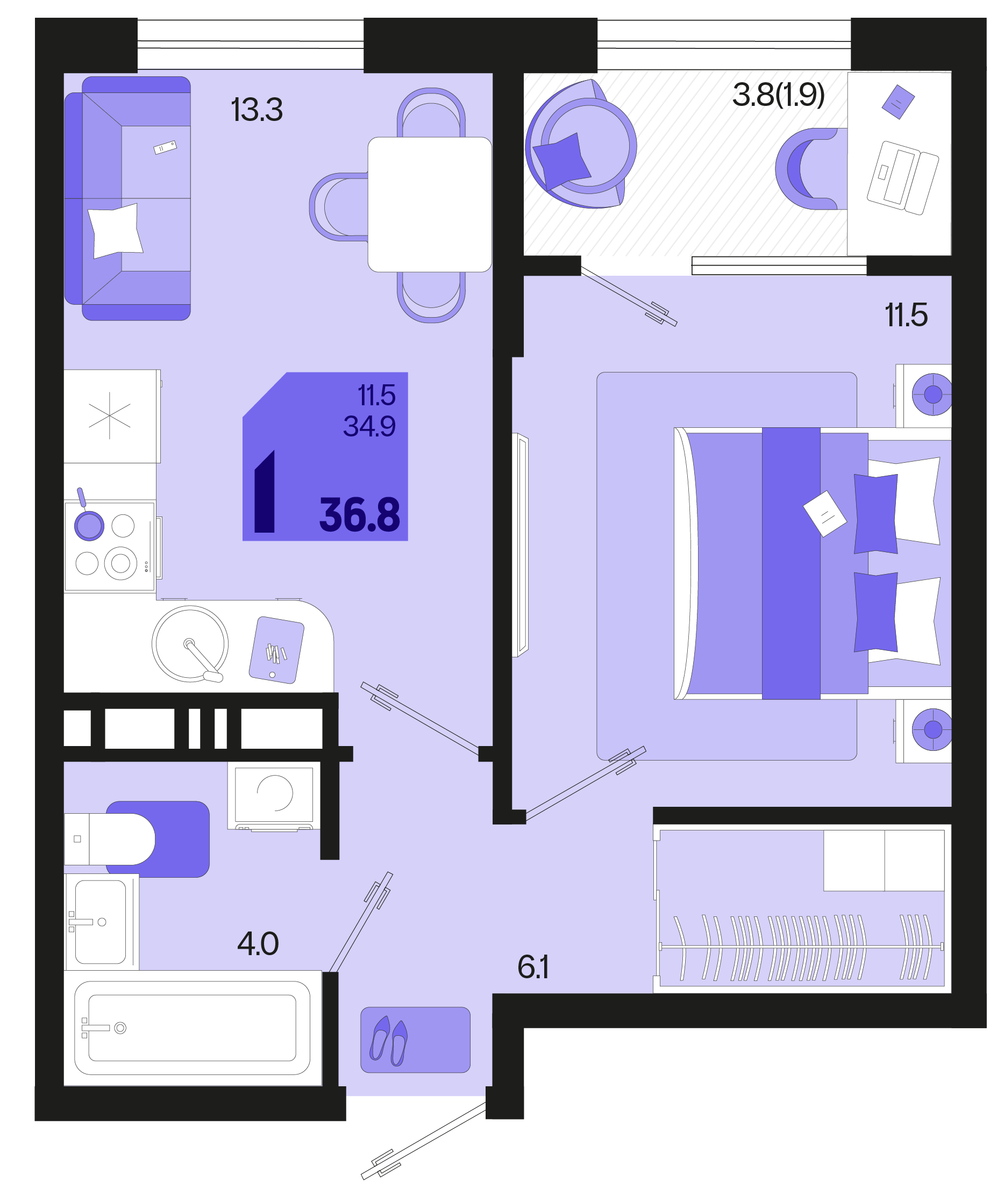 1-комнатная 36 м2 в ЖК Первое место корпус null этаж 15