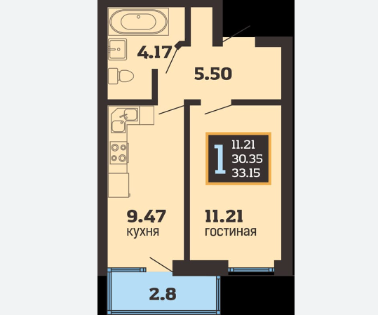 1-комнатная 33 м2 в ЖК undefined корпус null этаж 3