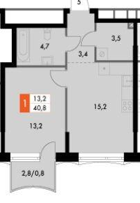 1-комнатная 40.8 м2 в ЖК undefined корпус null этаж 6