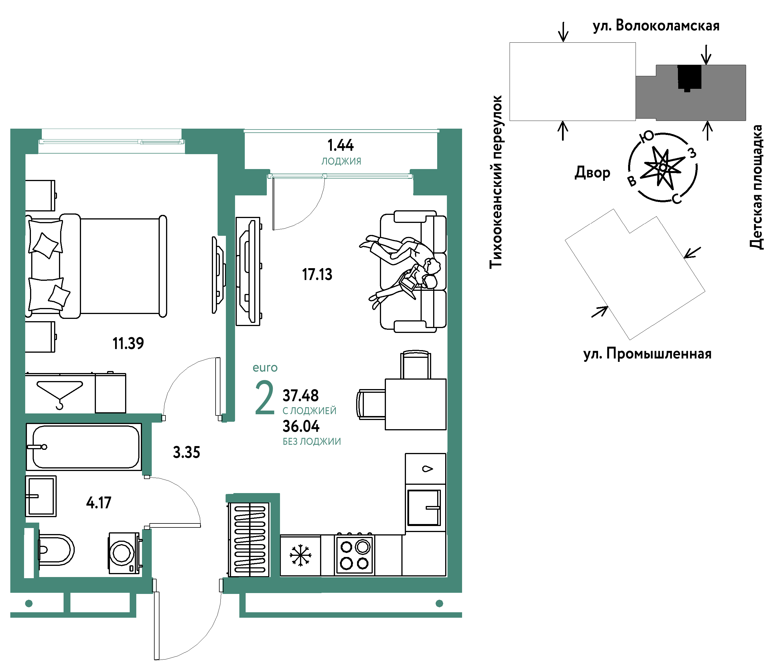 2-комнатная 37 м2 в ЖК Страна.Прибрежная корпус null этаж 14