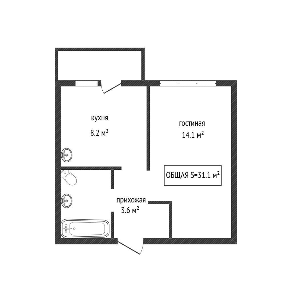1-комнатная 31.1 м2 в ЖК undefined корпус null этаж 2