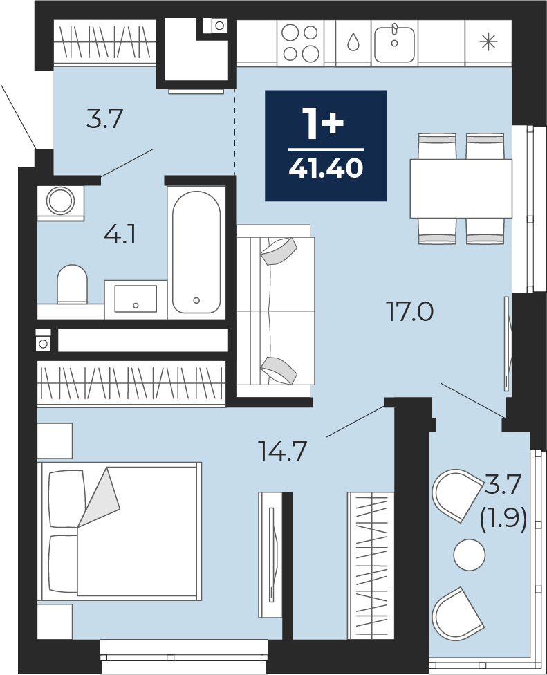 1-комнатная 39 м2 в ЖК Мириады корпус null этаж 15