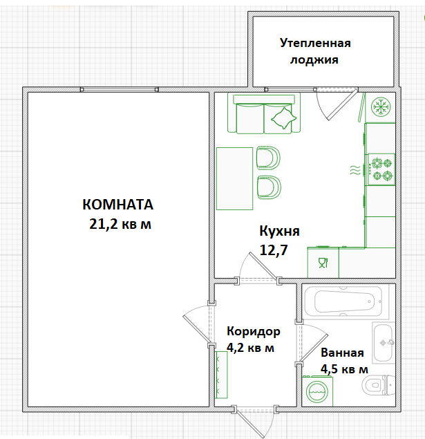 1-комнатная 42.5 м2 в ЖК undefined корпус null этаж 8