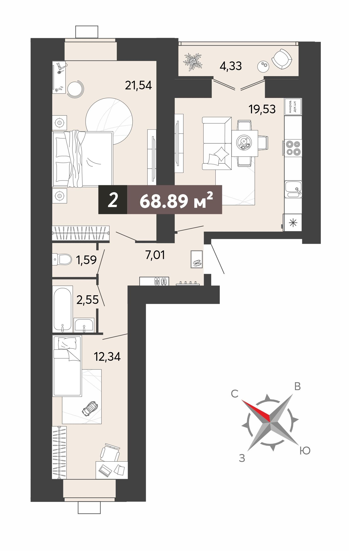 2-комнатная 68 м2 в ЖК 8 марта корпус null этаж 2