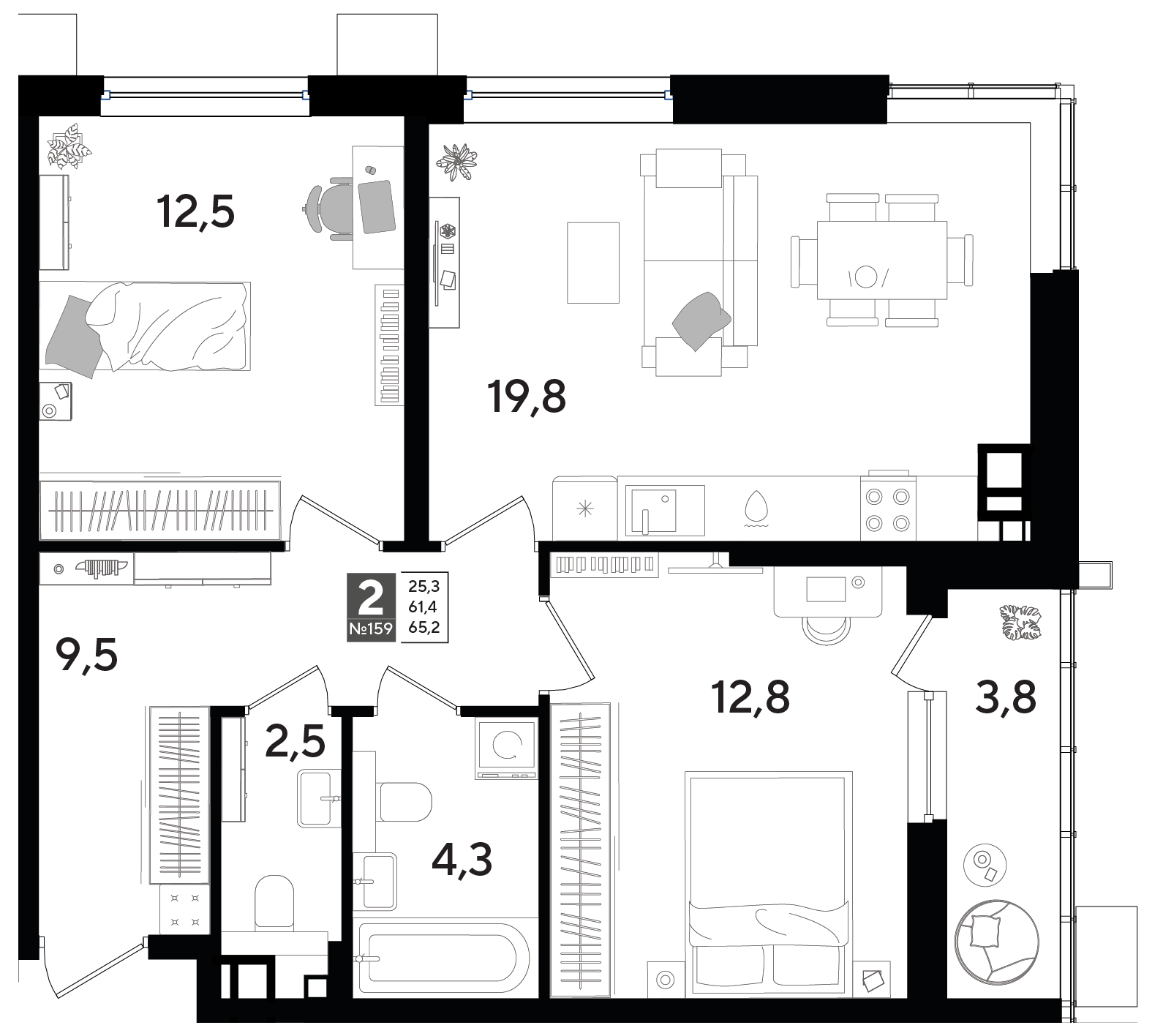2-комнатная 65 м2 в ЖК Dogma Park корпус null этаж 9