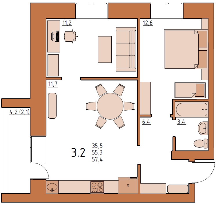 3-комнатная 57.4 м2 в ЖК undefined корпус null этаж 4