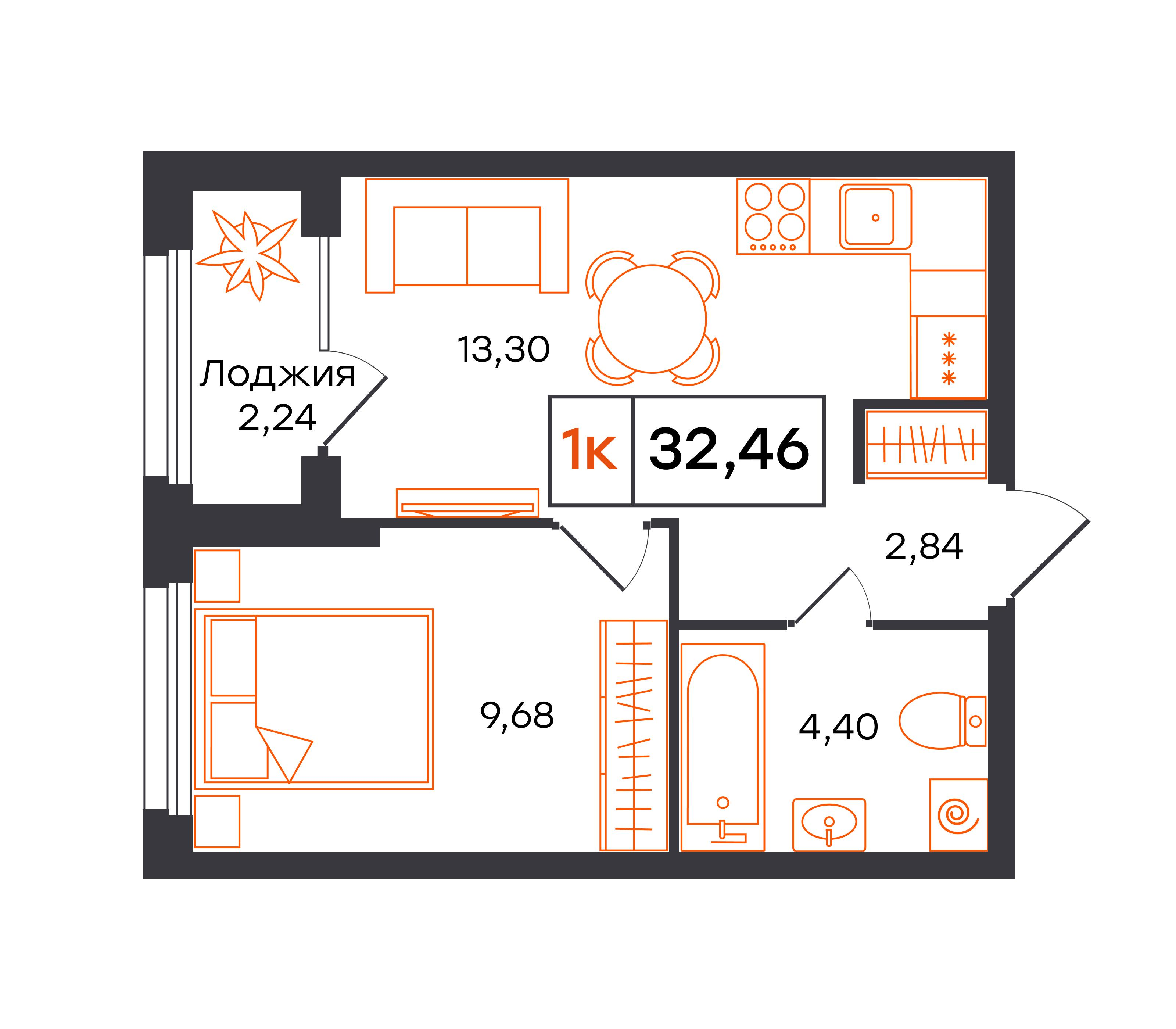 1-комнатная 32 м2 в ЖК Фатера корпус null этаж 7