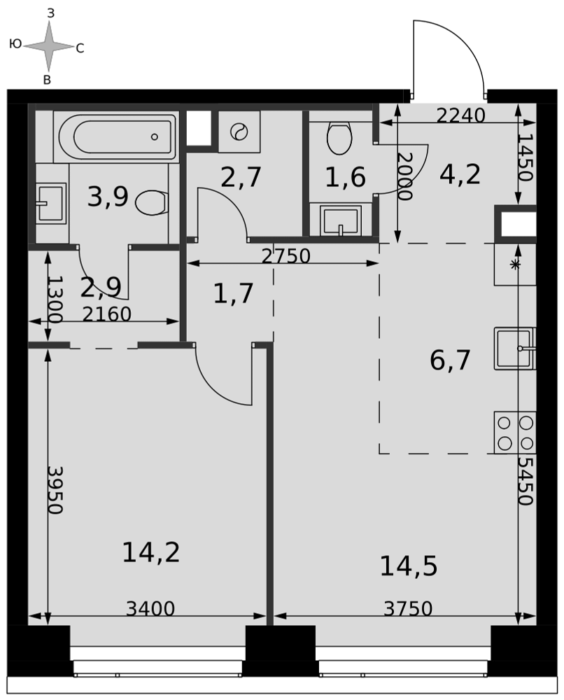 2-комнатная 52 м2 в ЖК Амбер Сити корпус null этаж 9