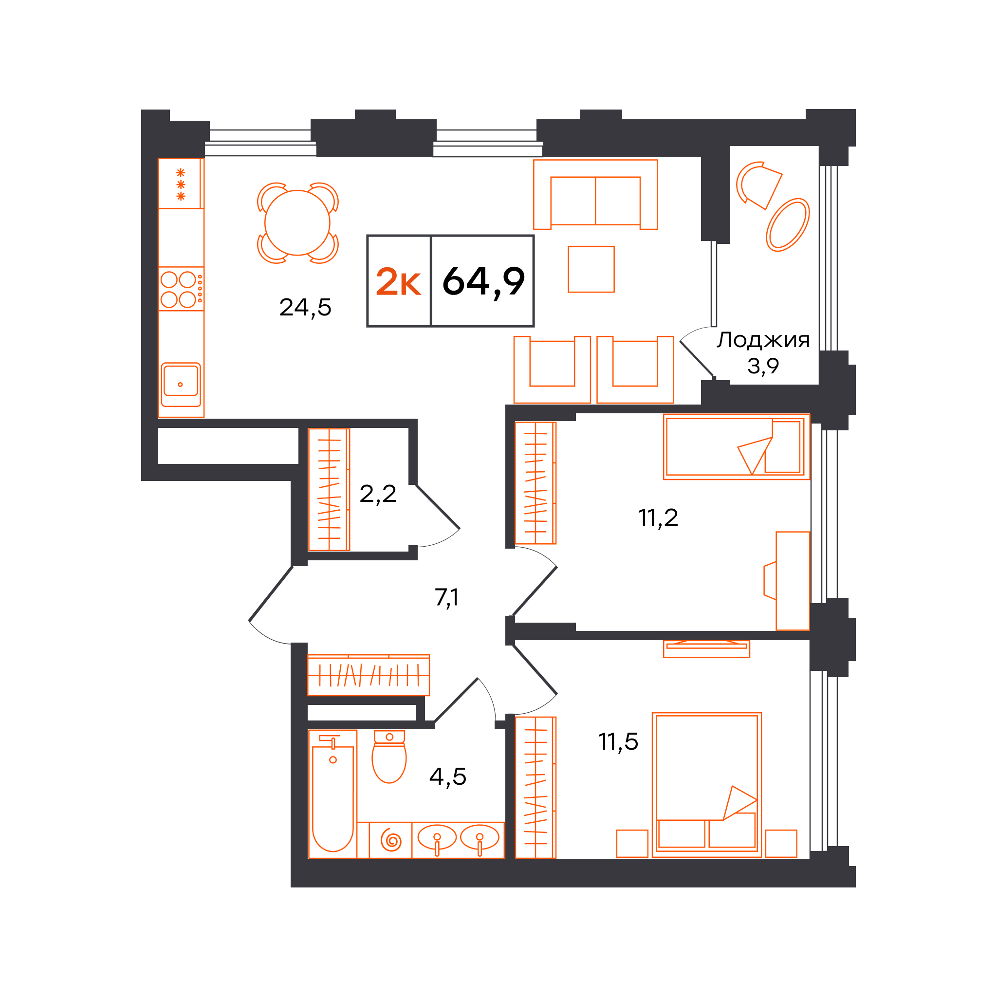 2-комнатная 64 м2 в ЖК Александровский корпус null этаж 4