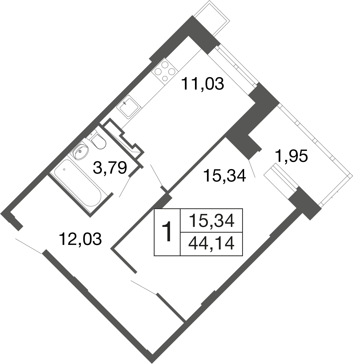 1-комнатная 44 м2 в ЖК Времена года корпус null этаж 1