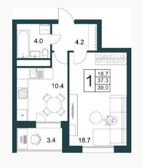 1-комнатная 39 м2 в ЖК undefined корпус null этаж 8