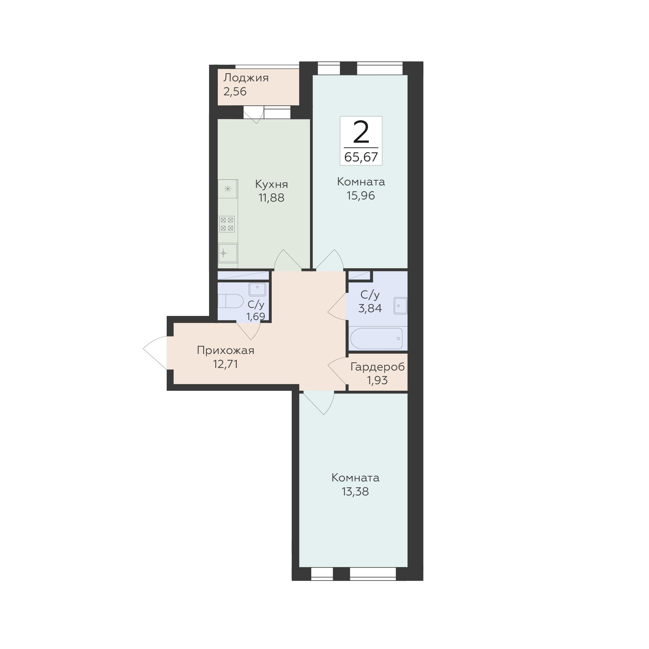 2-комнатная 65 м2 в ЖК Квартал 45 корпус null этаж 9