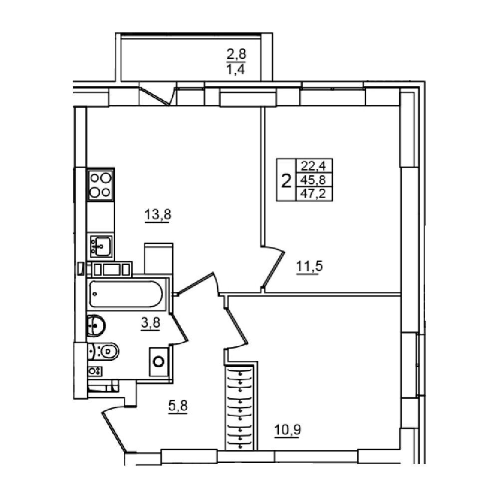 2-комнатная 47 м2 в ЖК Сталь корпус null этаж 8