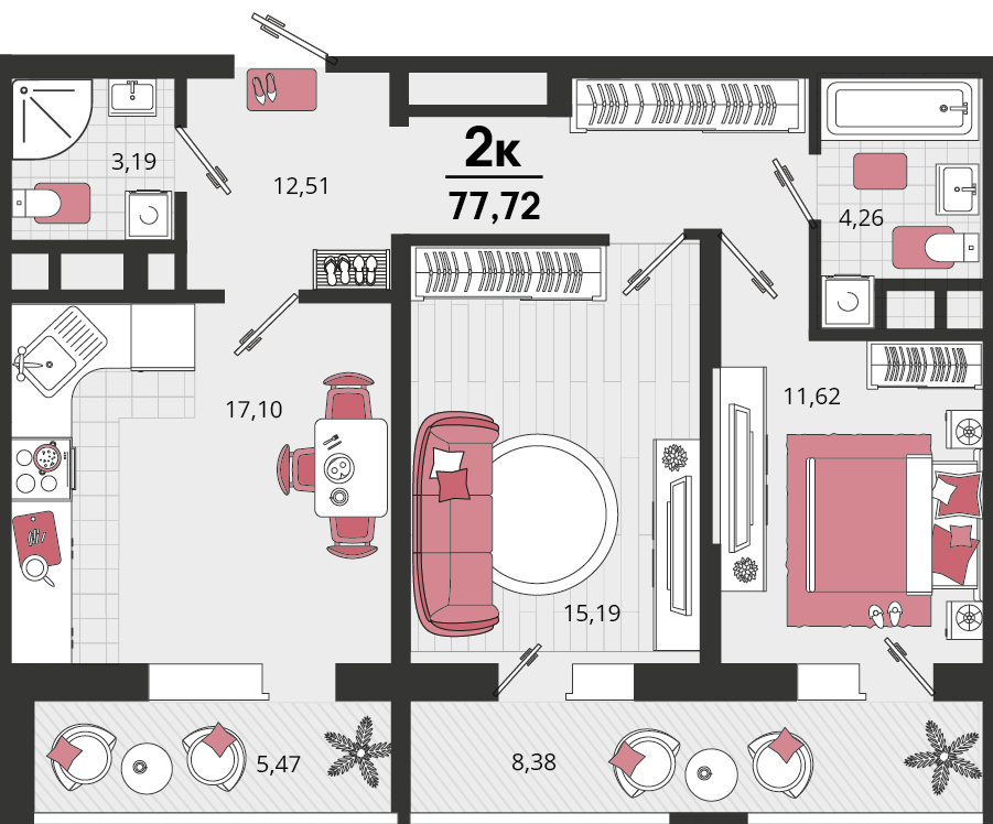 2-комнатная 77 м2 в ЖК Родные просторы корпус null этаж 10