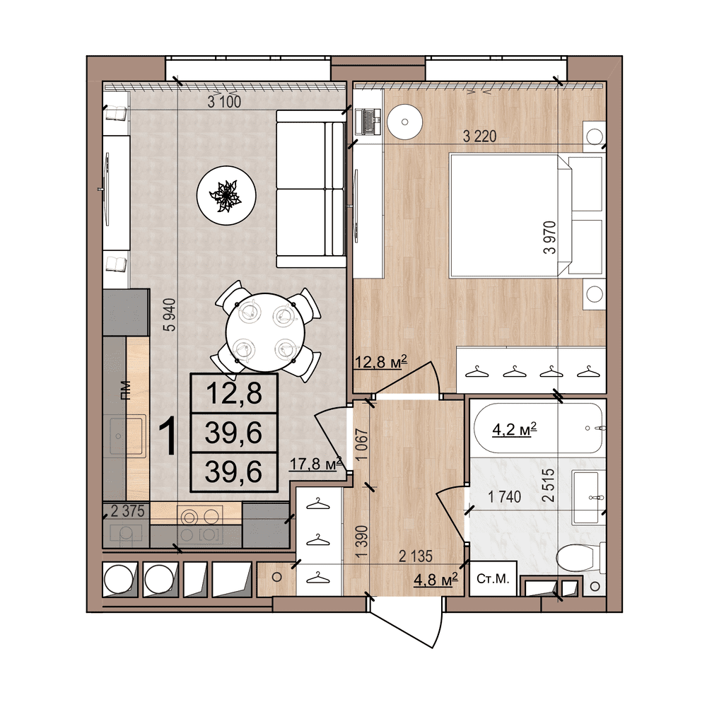1-комнатная 39 м2 в ЖК Skyline-2 корпус null этаж 2