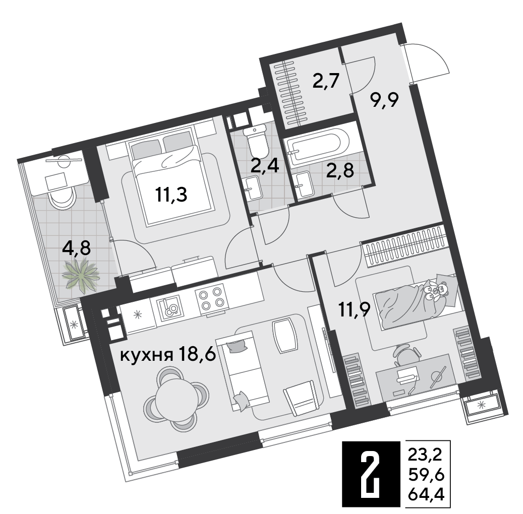 2-комнатная 64 м2 в ЖК Парк Победы 2 корпус null этаж 7