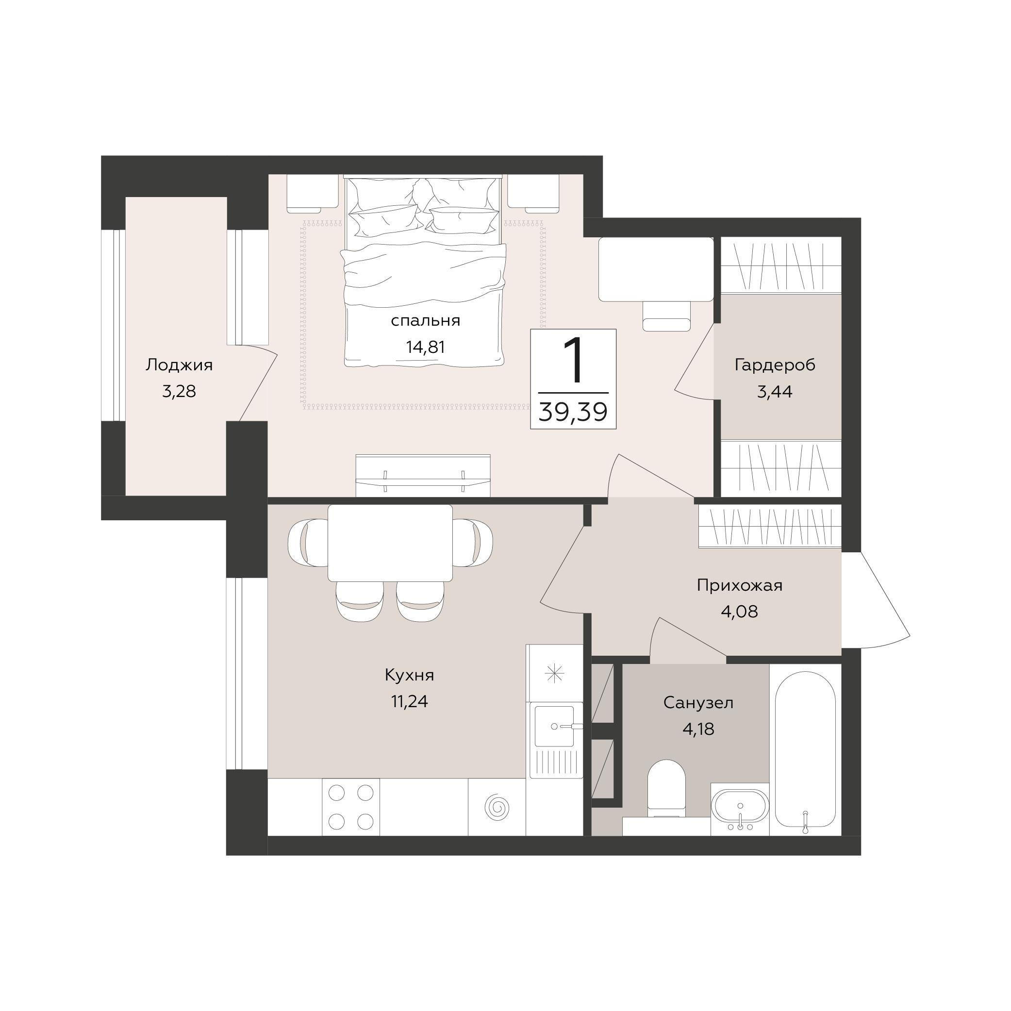 1-комнатная 39 м2 в ЖК Эклипс корпус null этаж 6