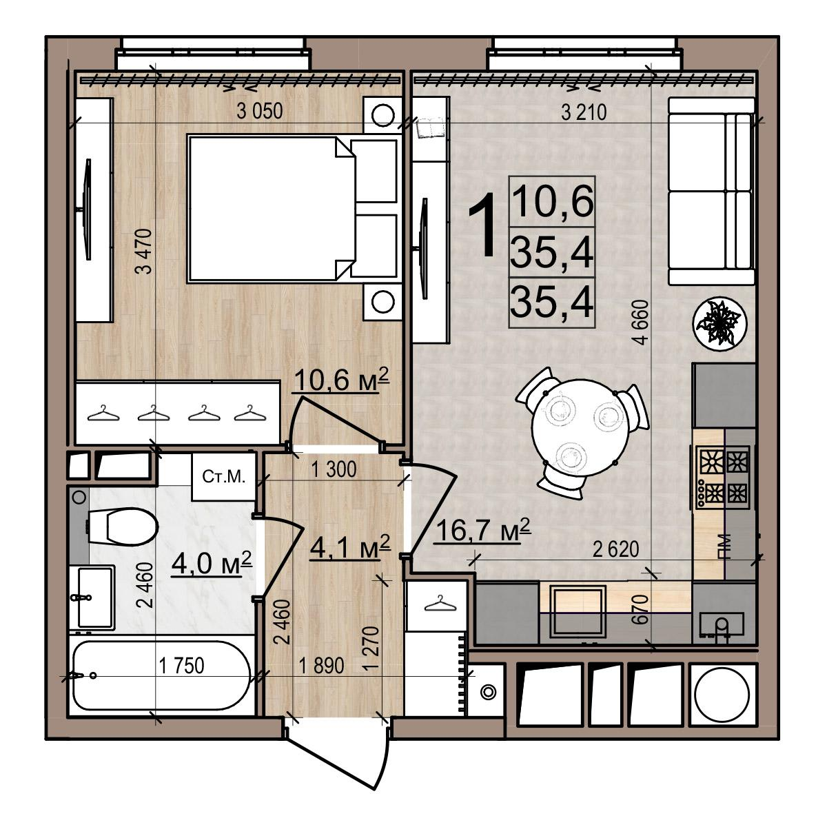 1-комнатная 35 м2 в ЖК Еврокласс-5 корпус null этаж 12