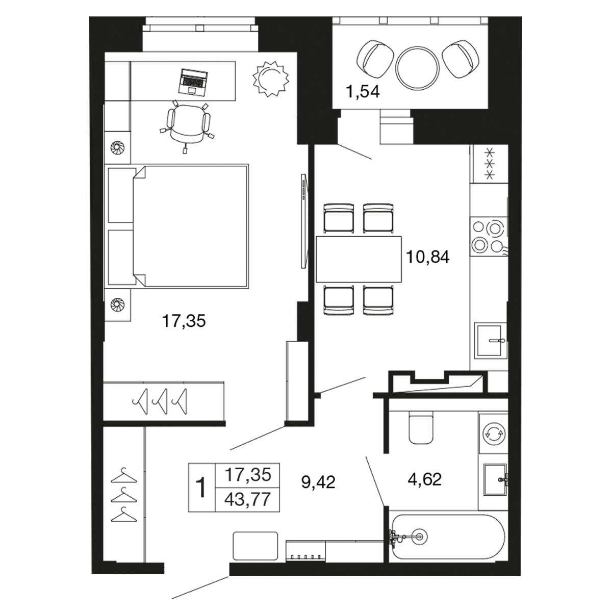 1-комнатная 43 м2 в ЖК Времена года корпус null этаж 2