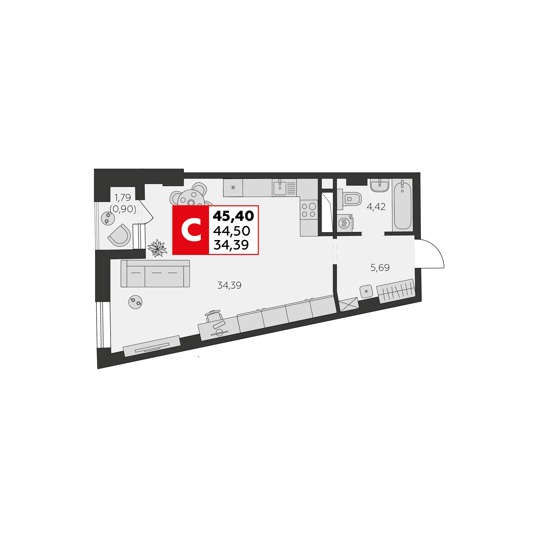 Студия 45 м2 в ЖК Высотка корпус null этаж 6