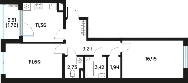 2-комнатная 61 м2 в ЖК Регенбоген корпус null этаж 5