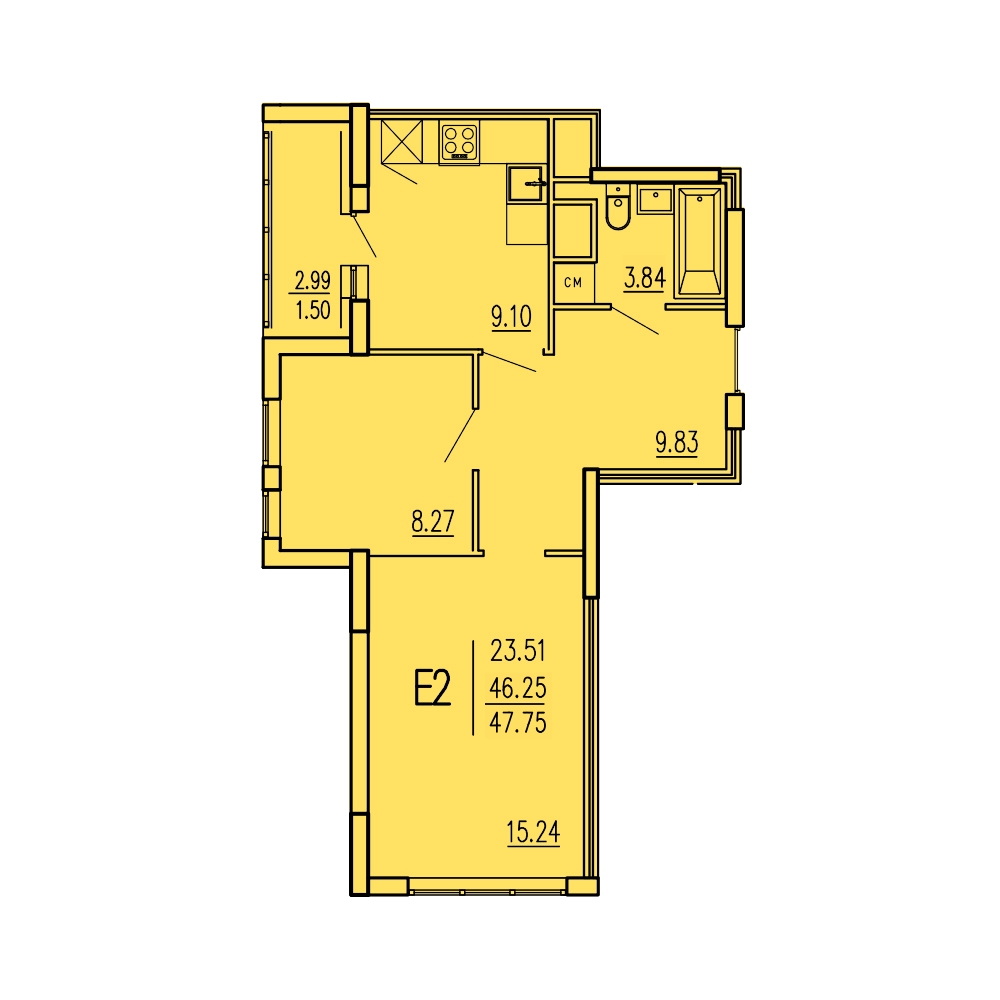 2-комнатная 47 м2 в ЖК Акварель корпус null этаж 2