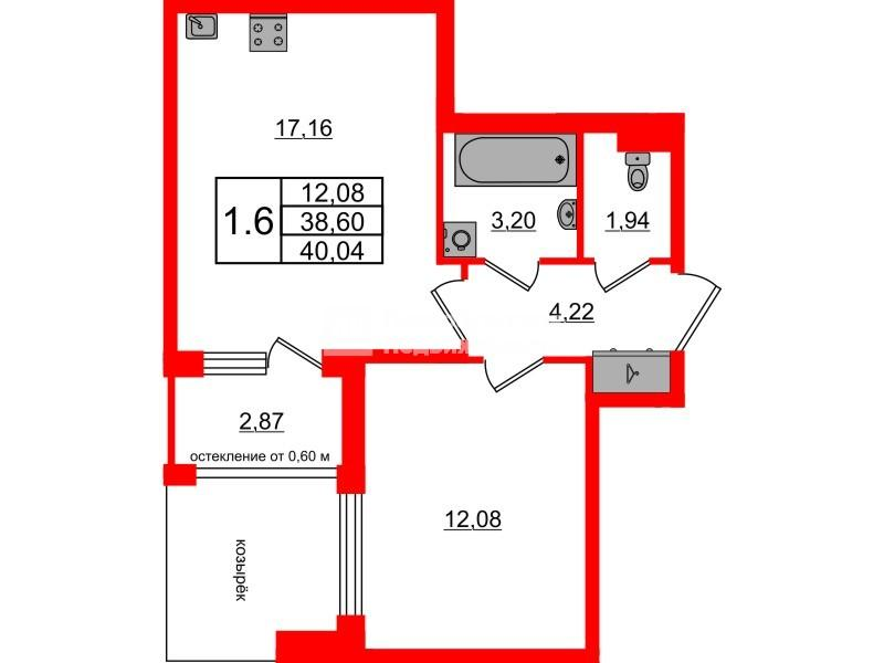 1-комнатная 38 м2 в ЖК Univer City корпус null этаж 2