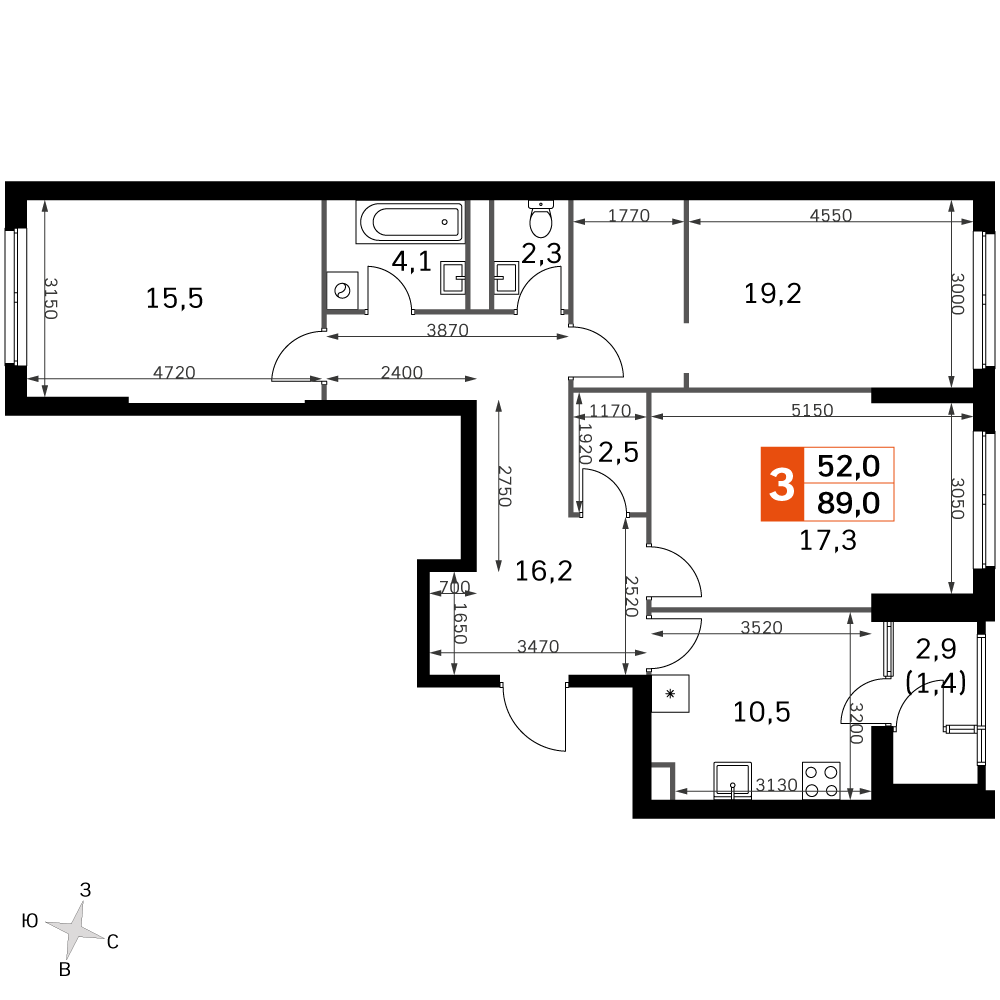 3-комнатная 89 м2 в ЖК Sky Garden корпус null этаж 29