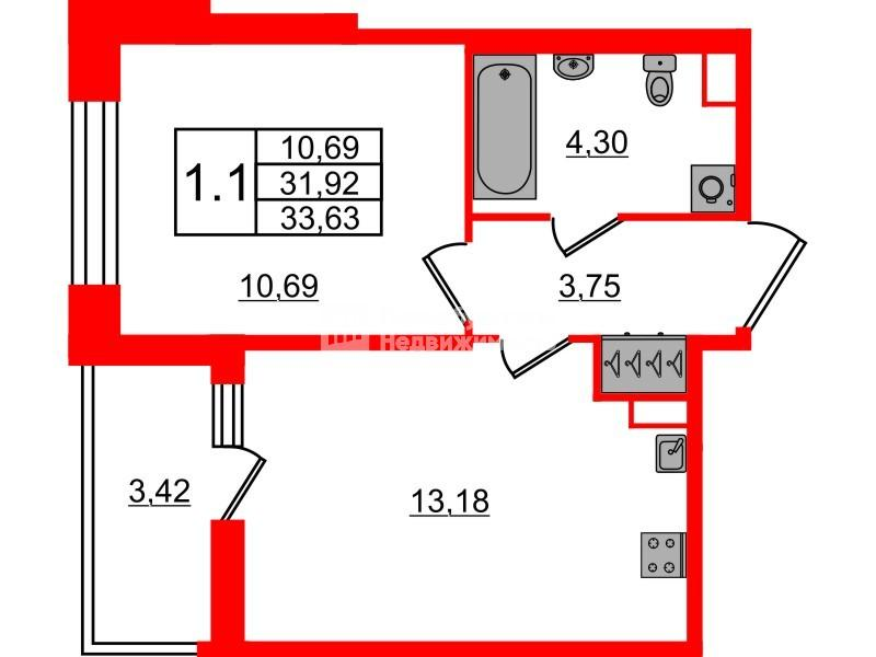 1-комнатная 31 м2 в ЖК Астра Континенталь корпус null этаж 2