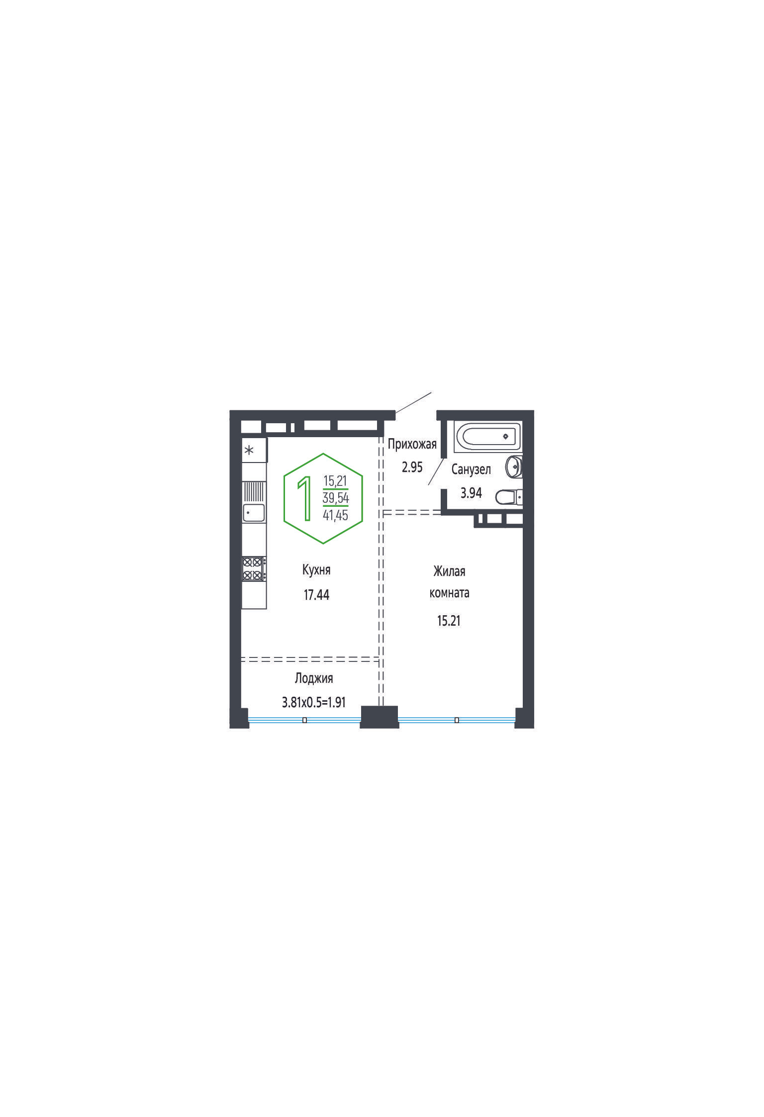 1-комнатная 41 м2 в ЖК Гарантия Прайм корпус null этаж 3