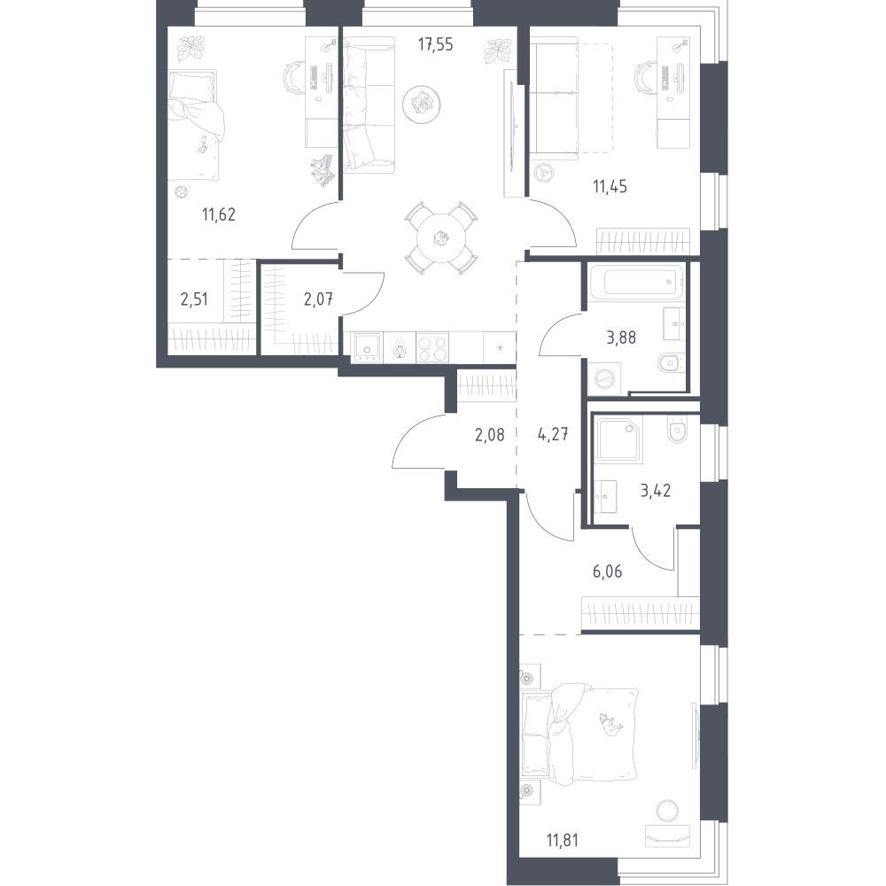 3-комнатная 76 м2 в ЖК Литературный Квартал корпус null этаж 4