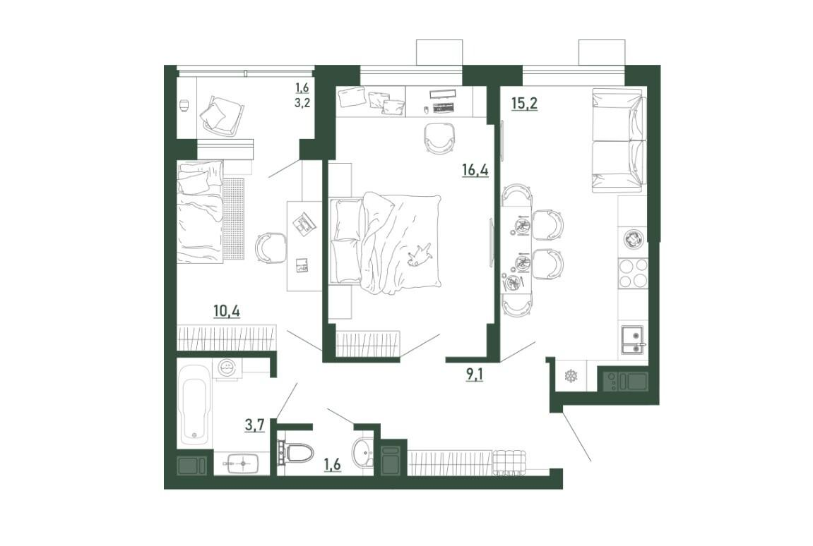 2-комнатная 58 м2 в ЖК ЖК Ритм корпус null этаж 9