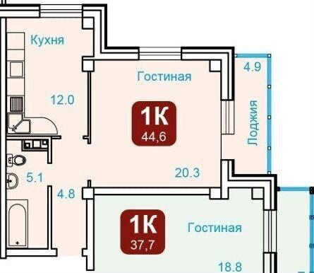 1-комнатная 42.6 м2 в ЖК undefined корпус null этаж 17