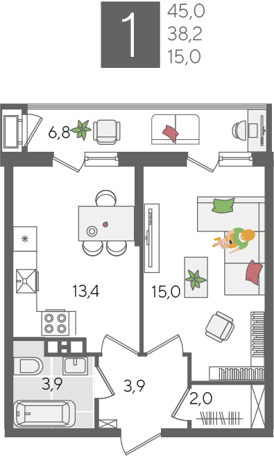 1-комнатная 44 м2 в ЖК Рекорд 2 корпус null этаж 7