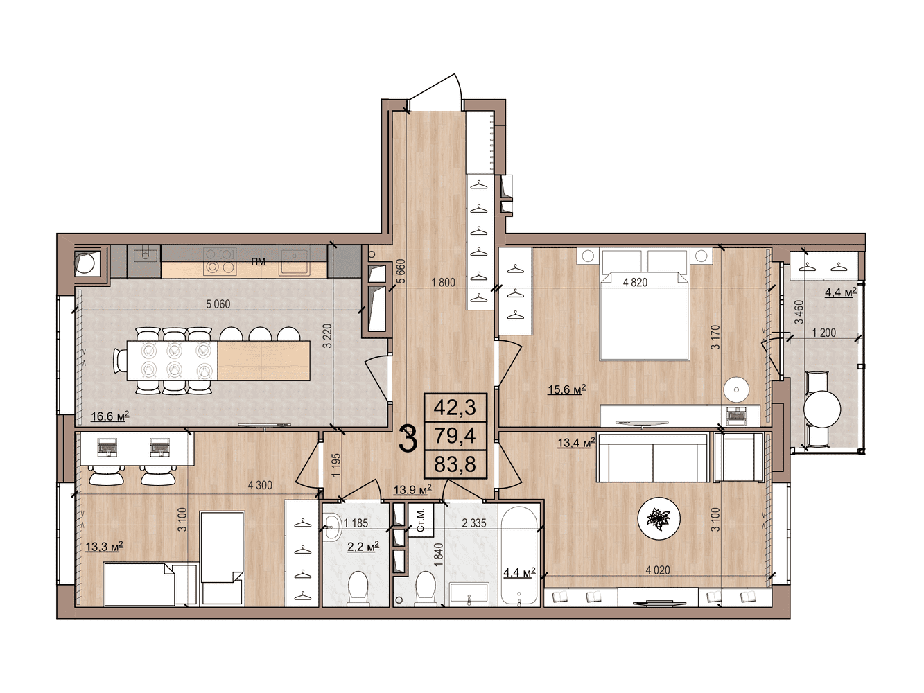 3-комнатная 83 м2 в ЖК Skyline-2 корпус null этаж 14