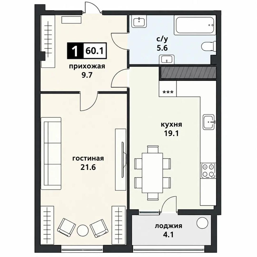 1-комнатная 60.1 м2 в ЖК undefined корпус null этаж 14