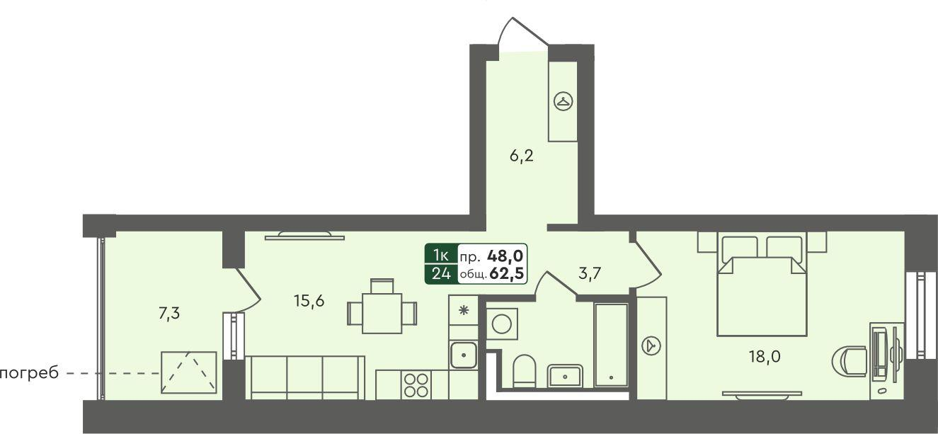 1-комнатная 61 м2 в ЖК Ритмы корпус null этаж 1
