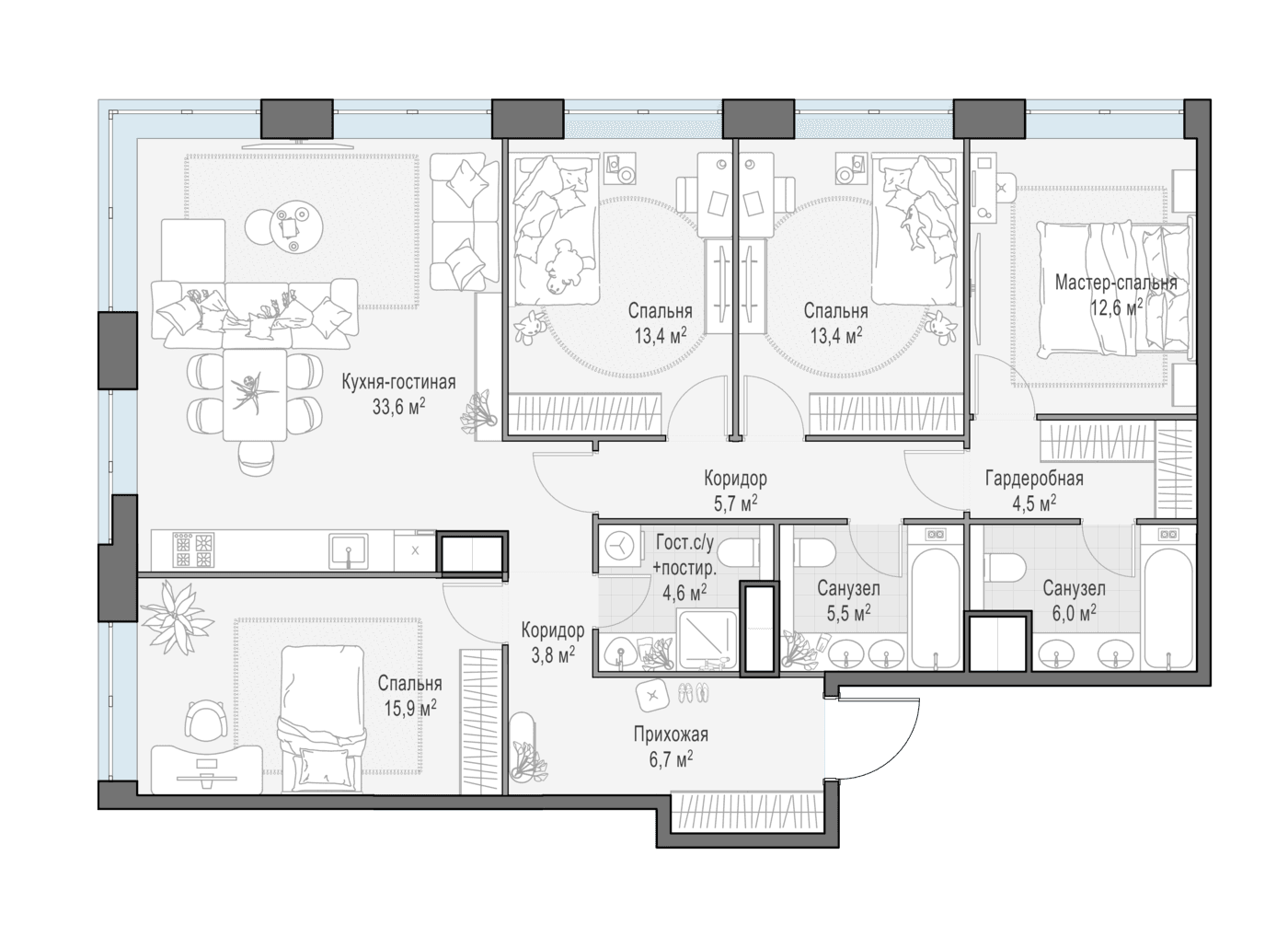4-комнатная 126 м2 в ЖК undefined корпус null этаж 5
