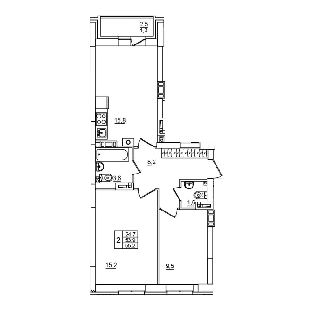 2-комнатная 55 м2 в ЖК Сталь корпус null этаж 10