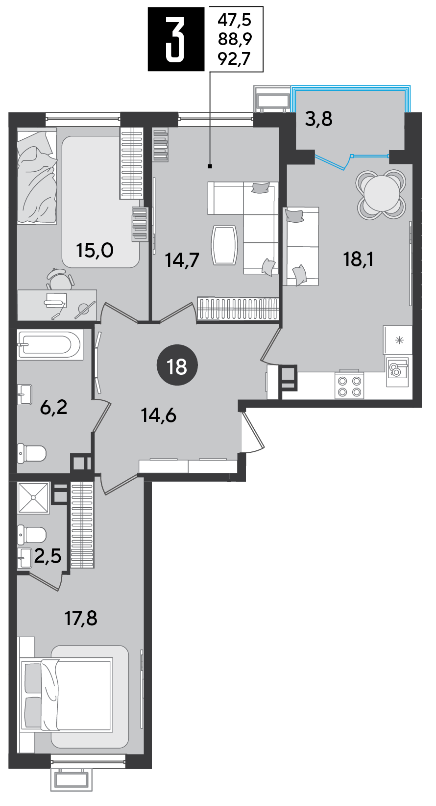 3-комнатная 92 м2 в ЖК Парк Победы 2 корпус null этаж 4